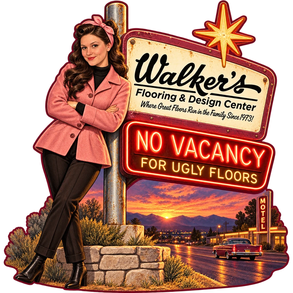 Walker's Flooring & Design Center sticker: Sammy leaning on a neon motel sign – “No Vacancy for Ugly Floors”