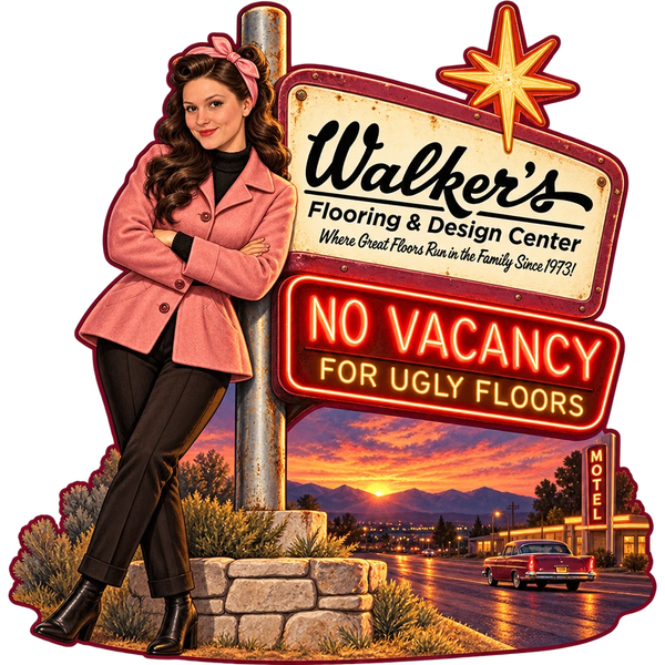 Walker's Flooring & Design Center sticker: Sammy leaning on a neon motel sign – “No Vacancy for Ugly Floors”