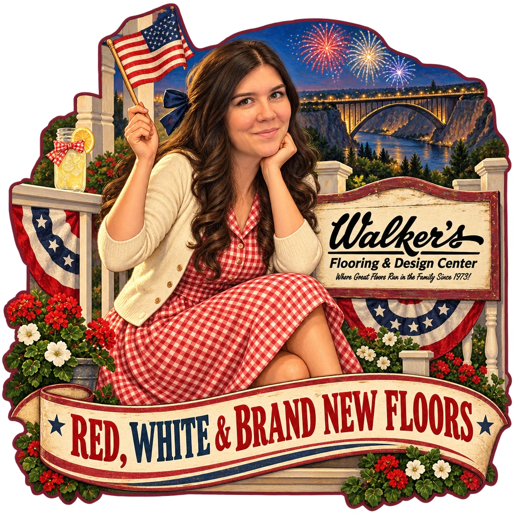 Walker's Flooring & Design Center sticker: Sammy waving a flag on a porch with fireworks – “Red, White & Brand New Floors”