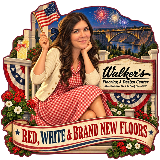 Walker's Flooring & Design Center sticker: Sammy waving a flag on a porch with fireworks – “Red, White & Brand New Floors”