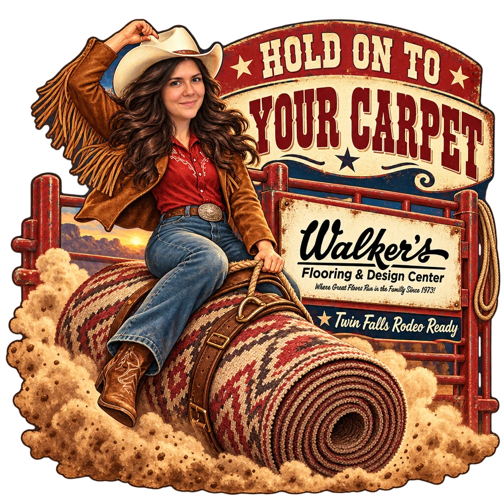 Walker's Flooring & Design Center sticker: Sammy riding a rolled-up rug like a rodeo bronc – “Hold On to Your Carpet”