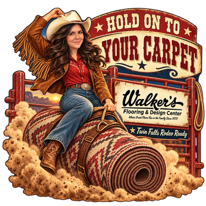 Walker's Flooring & Design Center sticker: Sammy riding a rolled-up rug like a rodeo bronc – “Hold On to Your Carpet”