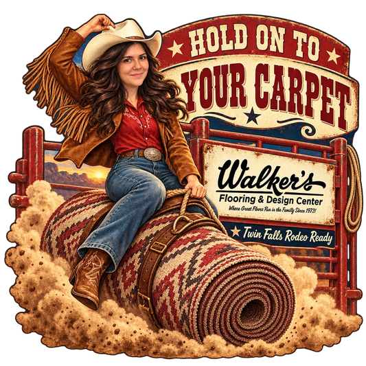 Walker's Flooring & Design Center sticker: Sammy riding a rolled-up rug like a rodeo bronc – “Hold On to Your Carpet”