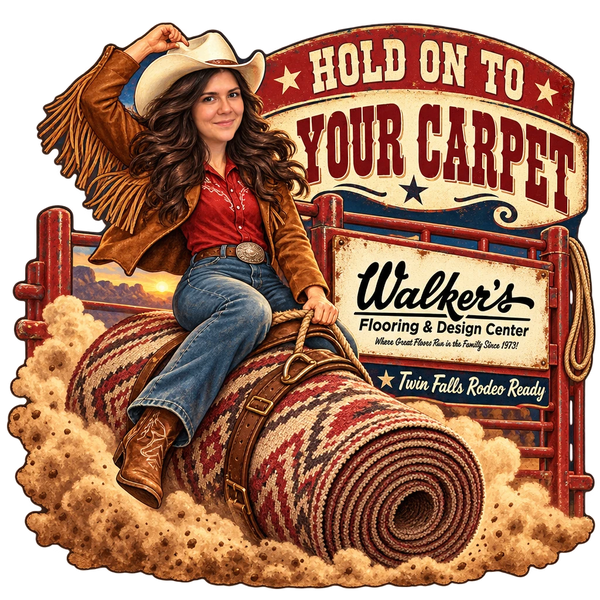 Walker's Flooring & Design Center sticker: Sammy riding a rolled-up rug like a rodeo bronc – “Hold On to Your Carpet”