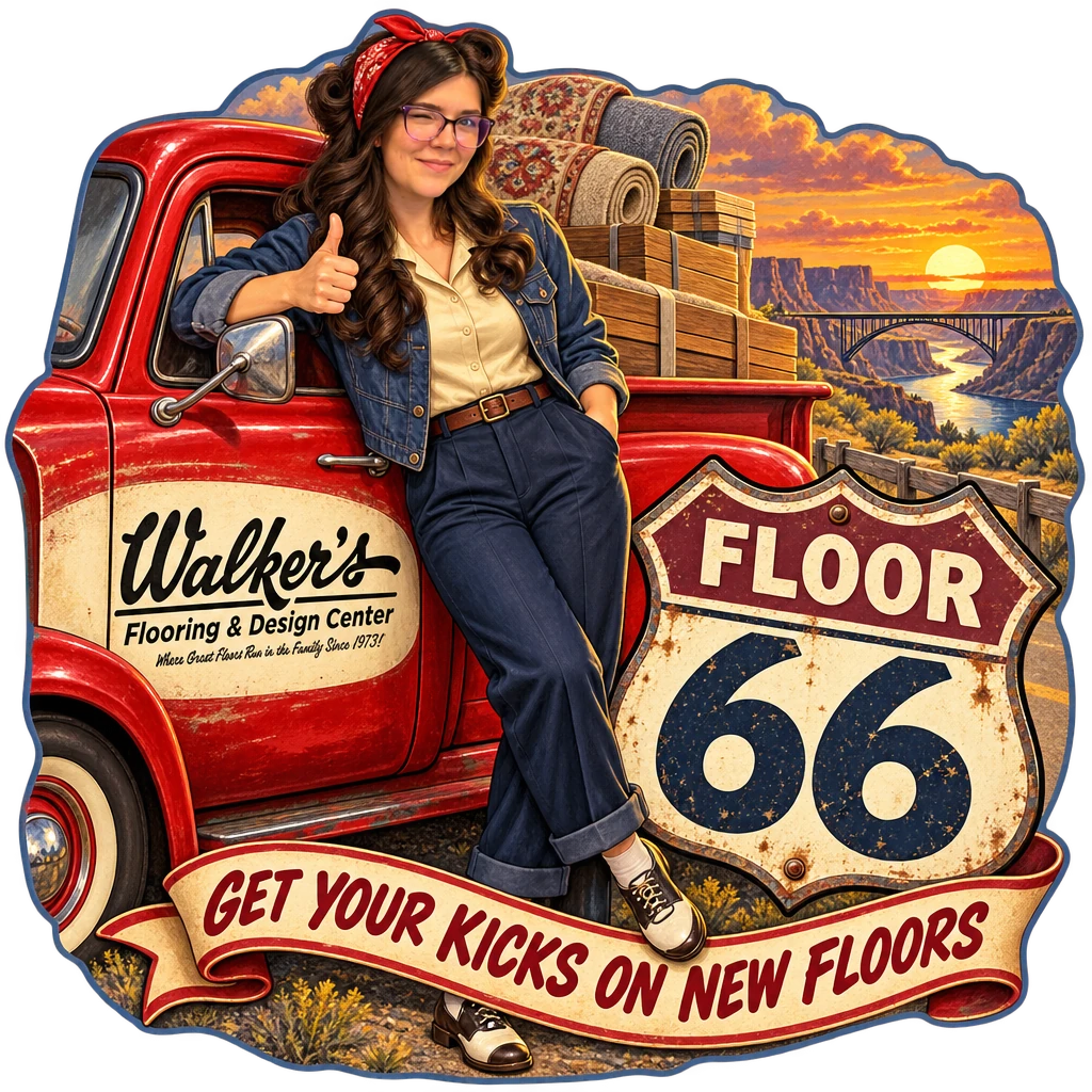 Walker's Flooring & Design Center sticker: Sammy leaning on a vintage pickup full of flooring – “Get Your Kicks on New Floors”