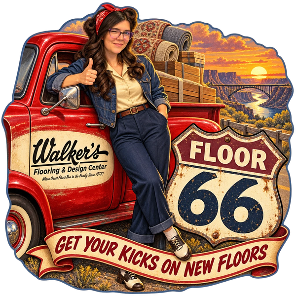 Walker's Flooring & Design Center sticker: Sammy leaning on a vintage pickup full of flooring – “Get Your Kicks on New Floors”