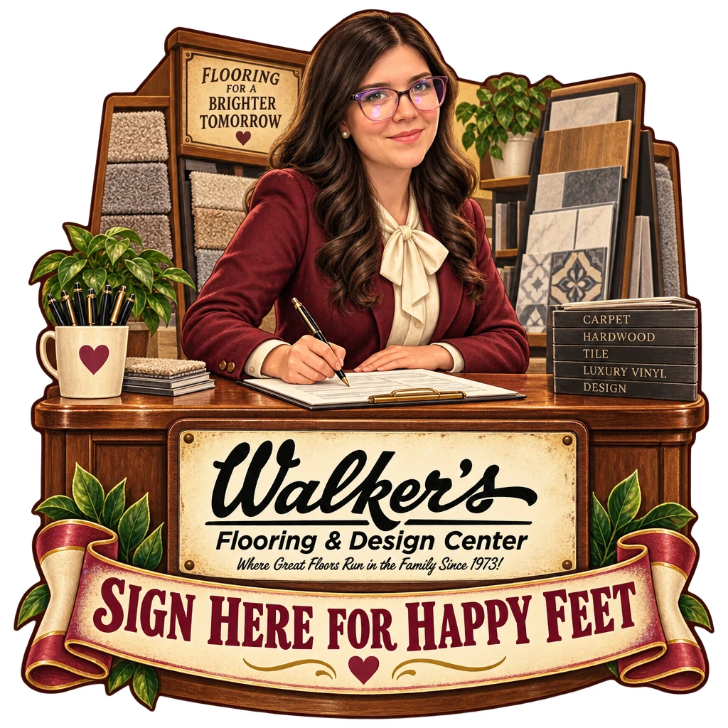 Walker's Flooring & Design Center sticker: Sammy signing paperwork at a desk full of samples – “Sign Here for Happy Feet”