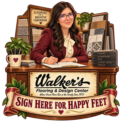 Walker's Flooring & Design Center sticker: Sammy signing paperwork at a desk full of samples – “Sign Here for Happy Feet”