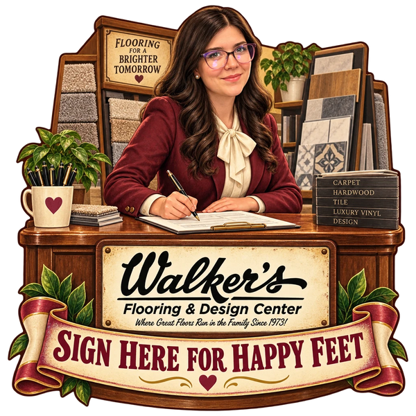 Walker's Flooring & Design Center sticker: Sammy signing paperwork at a desk full of samples – “Sign Here for Happy Feet”