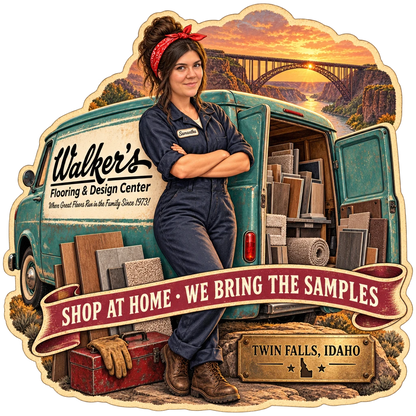 Walker's Flooring & Design Center sticker: Sammy beside a vintage van loaded with samples – “Shop at Home · We Bring the Samples”