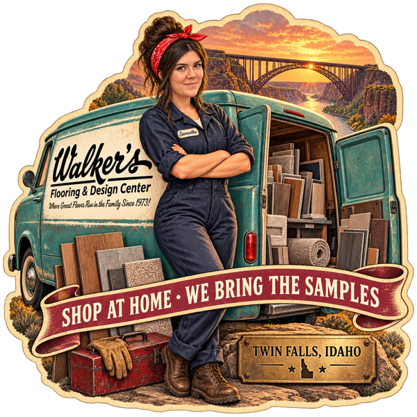 Walker's Flooring & Design Center sticker: Sammy beside a vintage van loaded with samples – “Shop at Home · We Bring the Samples”